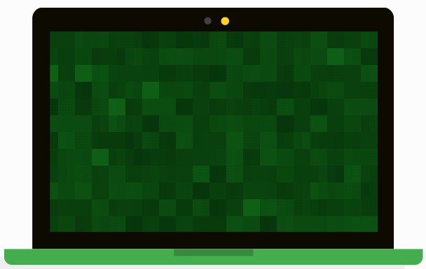 Flat illustration of a laptop with a green pixelated screen pattern, representing online privacy and secure data encryption.