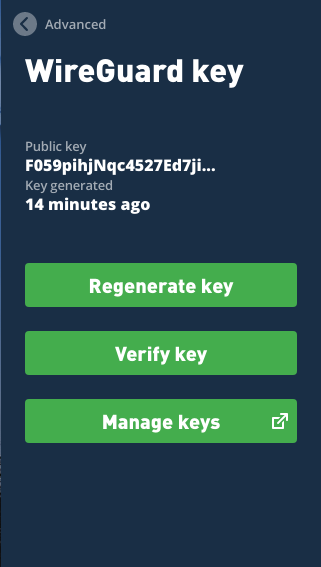 Advanced WireGuard key settings: Public key F059pihjNqc4527Ed7ji... generated 14 minutes ago. Buttons: Regenerate key, Verify key, Manage keys.