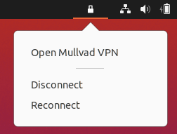 Mullvad VPN Linux context menu displaying options: Open Mullvad VPN, Disconnect, and Reconnect.