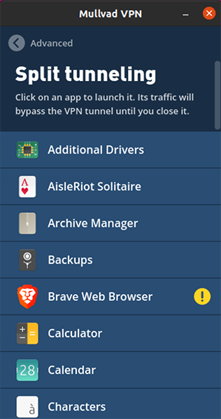 Mullvad VPN Split tunneling: Additional Drivers, AisleRiot Solitaire, Archive Manager, Backups, Brave Web Browser, Calculator, Calendar, Characters.
