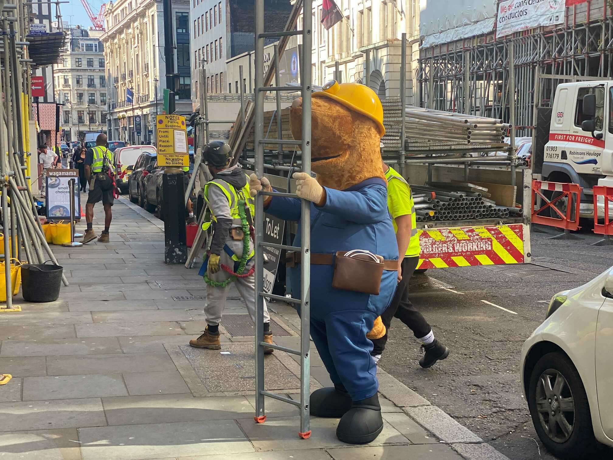 Mullvad VPN mascot mole wearing a hard hat and blue overalls, holding a ladder at a construction site. Text: To Let and Builders Working.