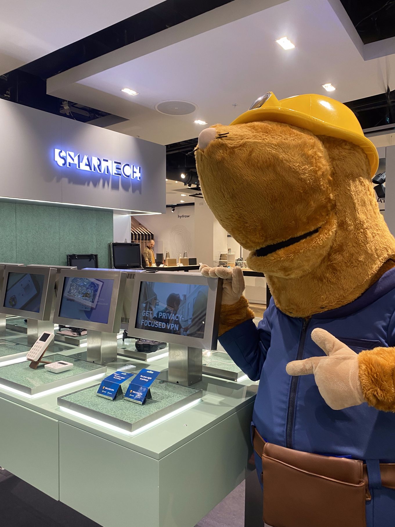 Mullvad mascot at Smartech points to a screen reading: GET A PRIVACY-FOCUSED VPN, next to Mullvad VPN scratch cards.