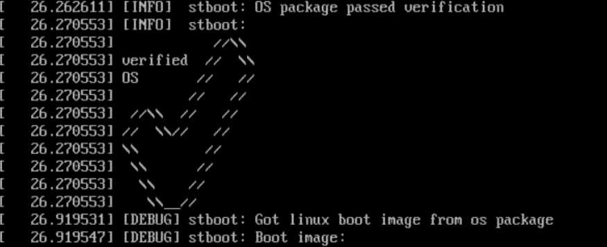stboot log: OS package passed verification, ASCII checkmark with verified OS, Got linux boot image from os package, Boot image.