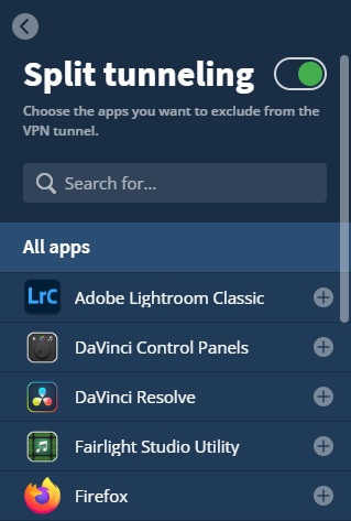 Split tunneling: Choose the apps you want to exclude from the VPN tunnel. List shows apps like Firefox and Adobe Lightroom Classic with plus icons.
