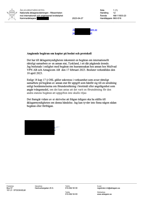 Official Åklagarmyndigheten letter, 2023-04-27. Text: Angående begäran om kopior på beslut och protokoll concerning Mullvad VPN.