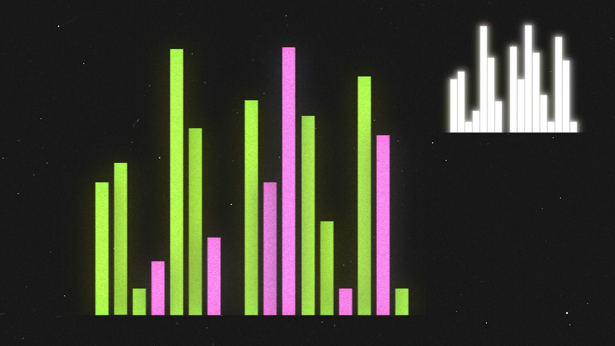 Bar chart visualizing network traffic with neon green and pink vertical bars of varying heights on a dark background.
