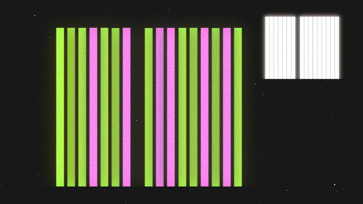 Vertical green and pink bars of equal height and width on a dark background, illustrating uniform network packet sizes for privacy protection.
