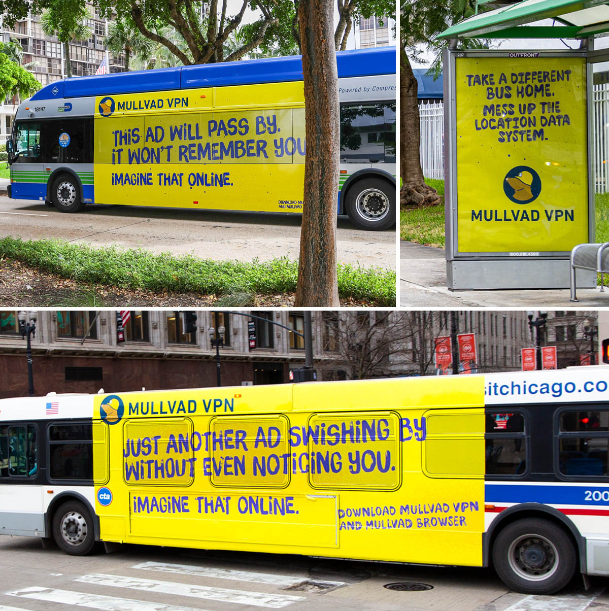 Mullvad VPN ads on buses and a bus stop. Text: This ad won't remember you; Mess up the location data system; Just another ad without noticing you.