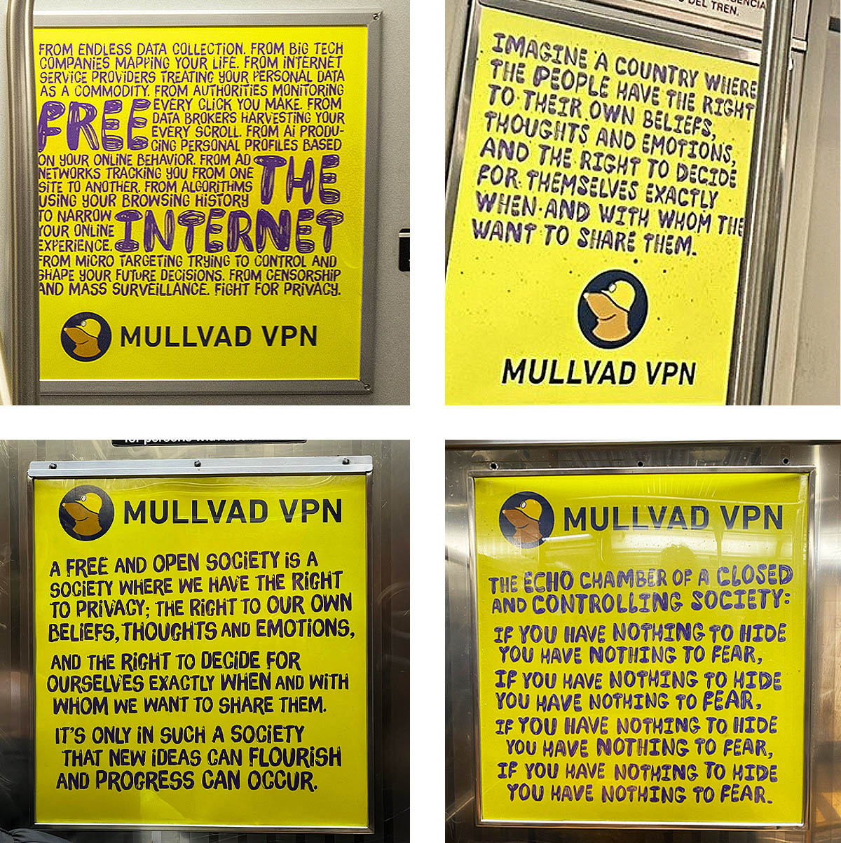 Four Mullvad VPN ads: FREE THE INTERNET; right to own beliefs; right to privacy for an open society; If you have nothing to hide you have nothing to fear.