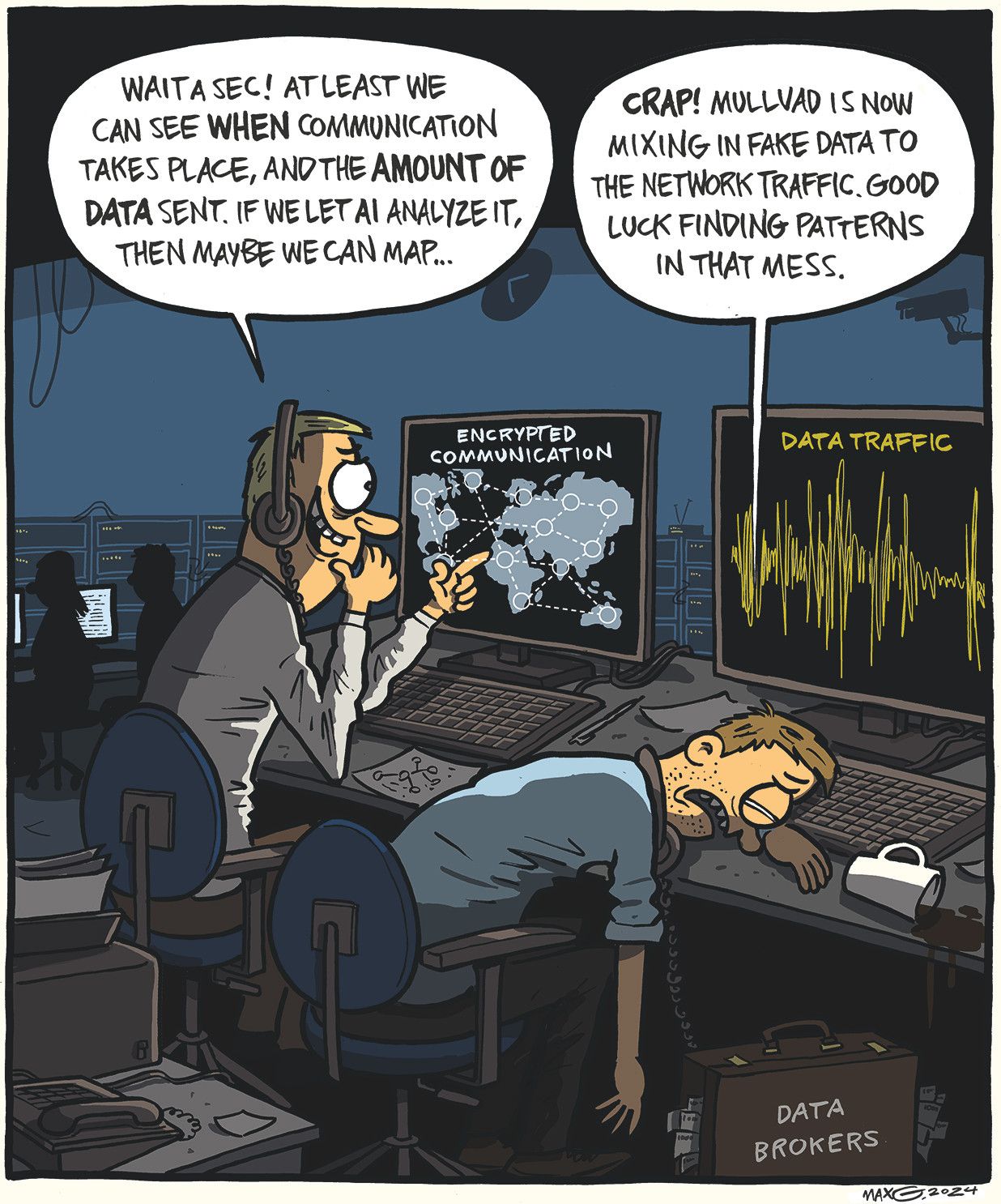 Cartoon of frustrated data brokers. Text: Mullvad is now mixing in fake data to the network traffic. Good luck finding patterns in that mess.