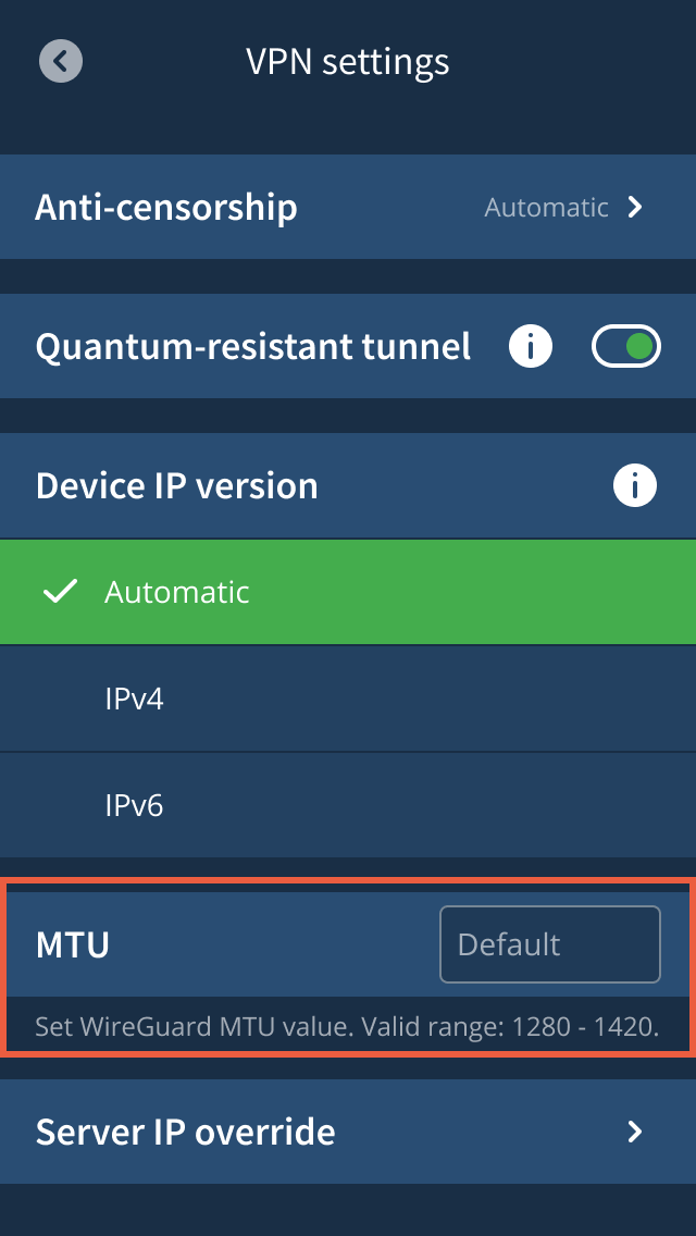 Mullvad VPN settings screen highlighting MTU section. Text: Set WireGuard MTU value. Valid range: 1280 - 1420.