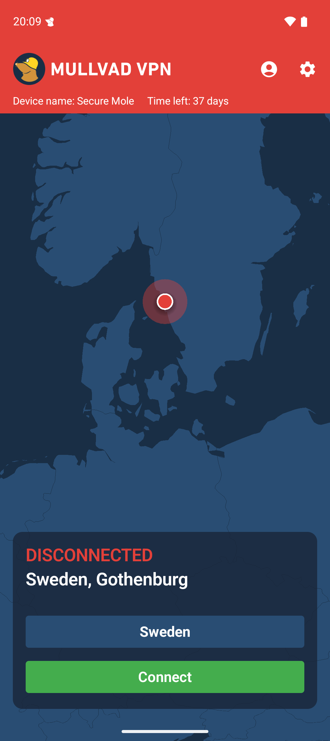 The connect screen with a map in the background and showing DISCONNECTED