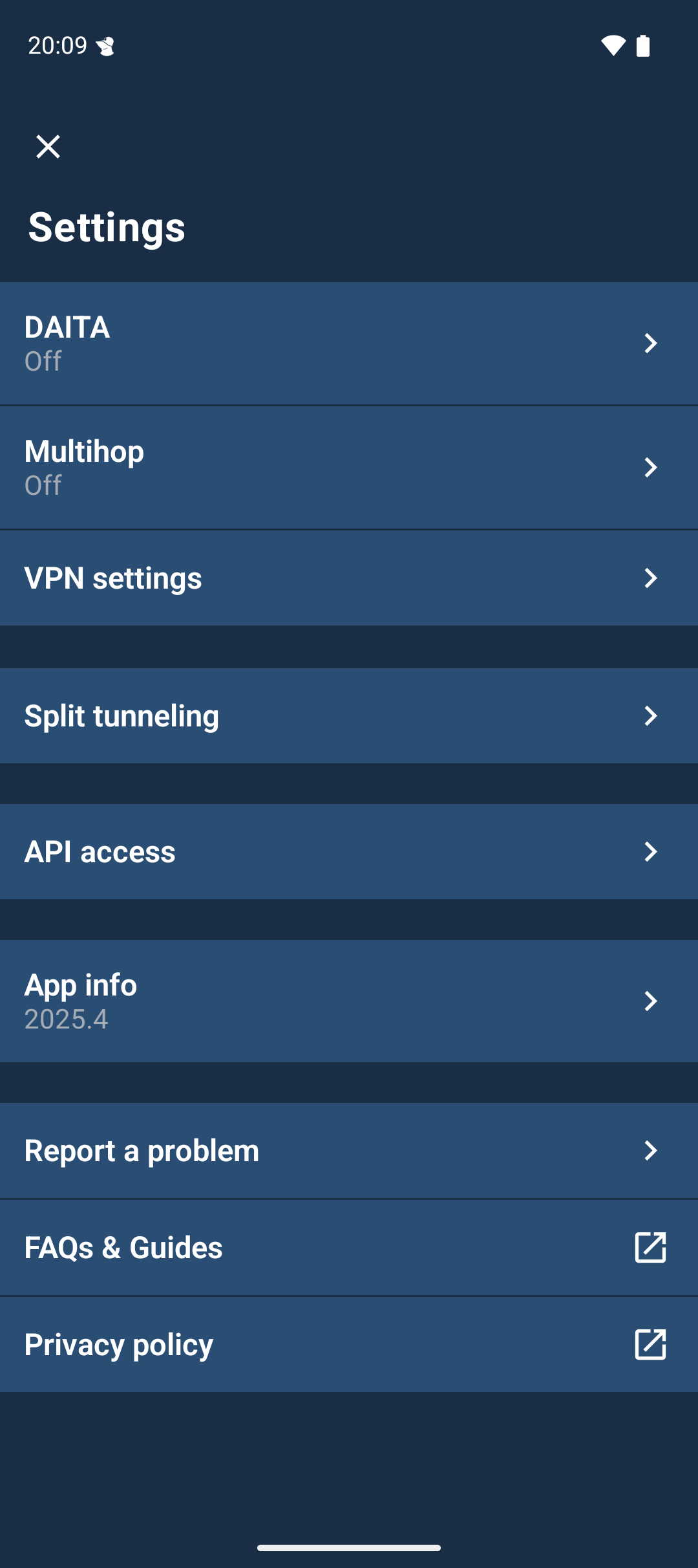 Settings screen of the app.