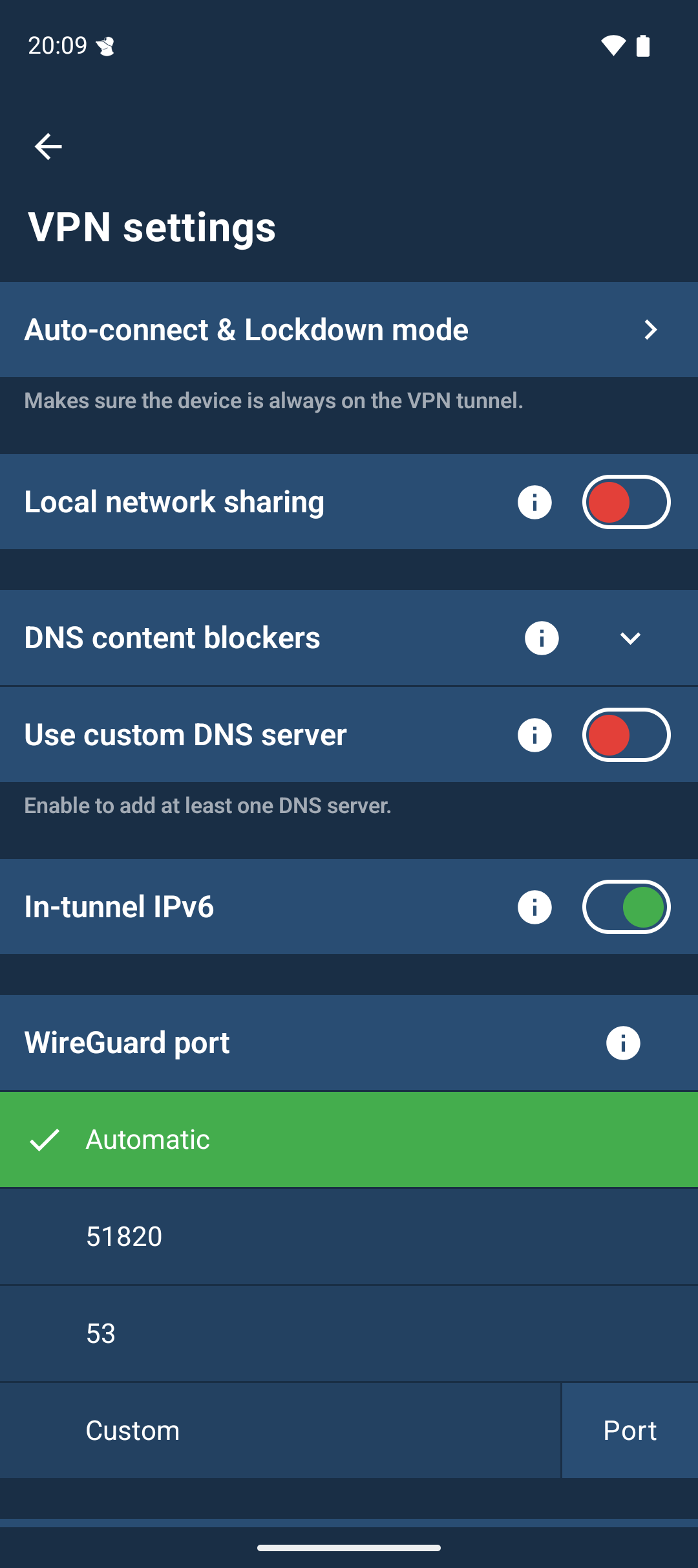 The VPN Settings screen of the app. There is a list of features showing, starting with “Auto-connect & Lockdown mode”. The features after are “Local network sharing”, “DNS content blockers”, “Use custom DNS server”, “In-tunnel IPv6” and “WireGuard port”.