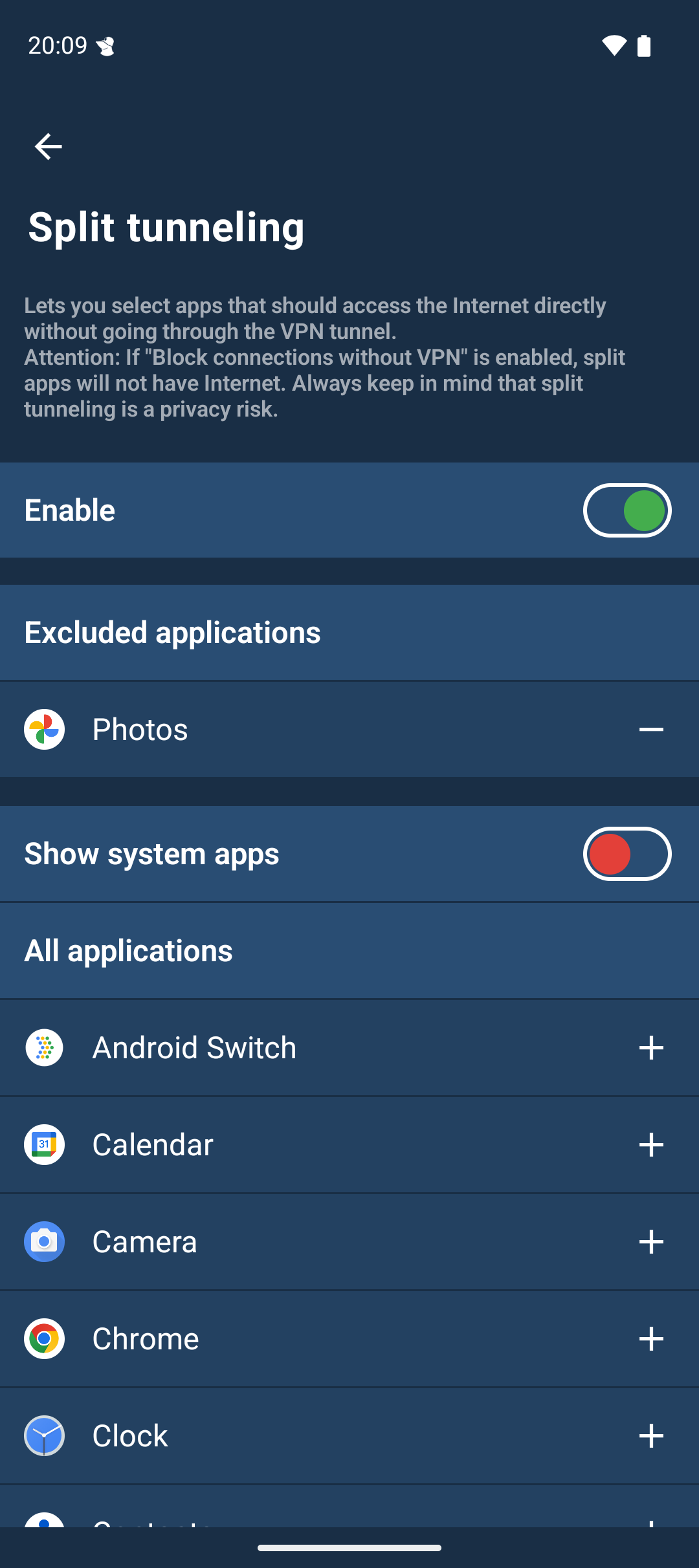 Split tunneling screen. It shows an option button that shows that the feature is enabled. Below that is a list of apps, one that is excluded from the tunnel.
