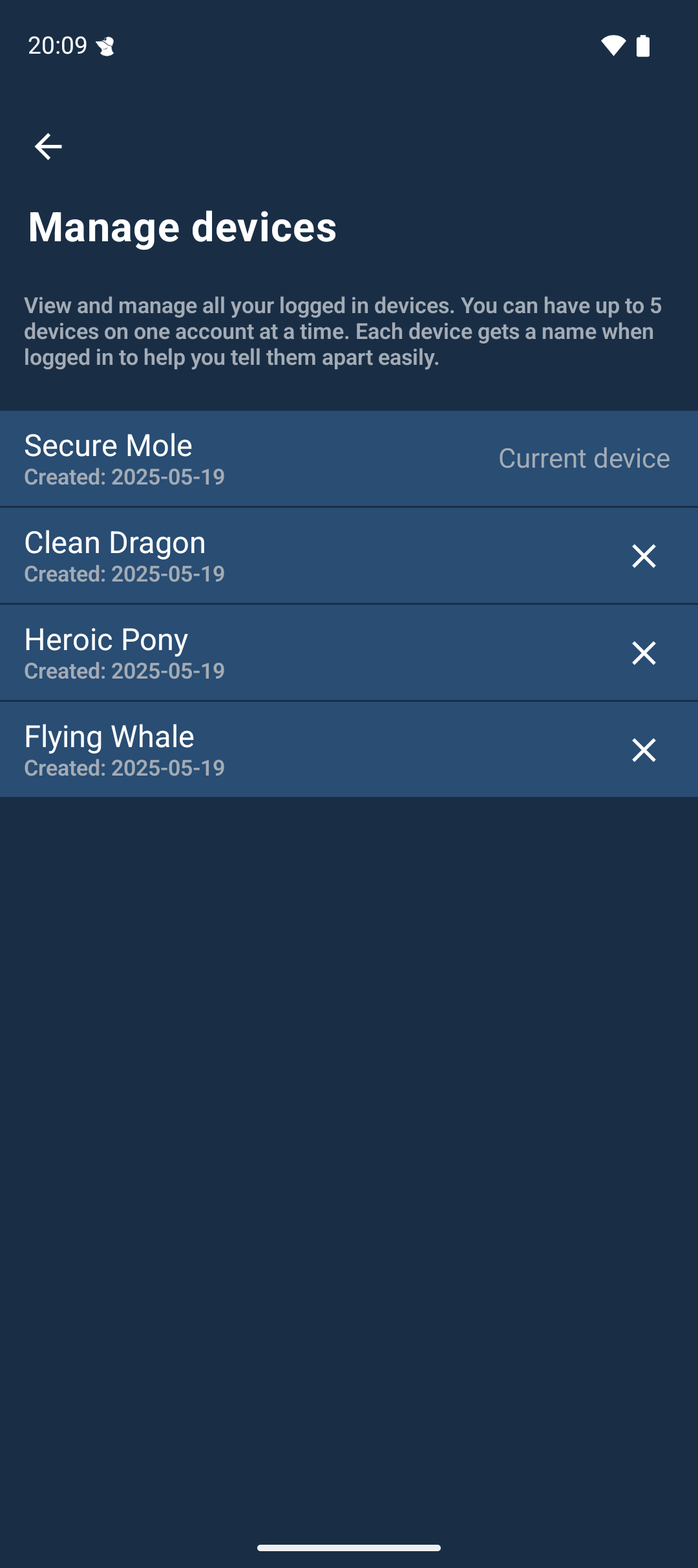 A list of device names with creation dates. The first device name is marked as “Current device” and the rest have an “X” instead to allow deletion.