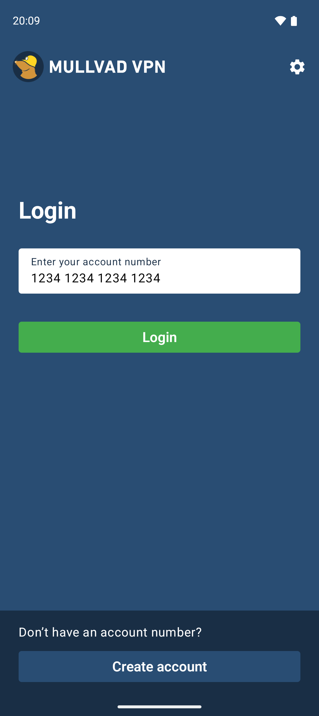 The login screen of the Mullvad App
