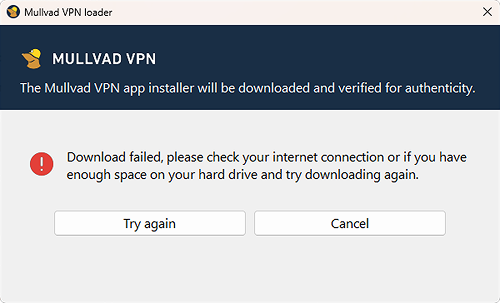 Download failed error text, with two buttons to cancel or try again.