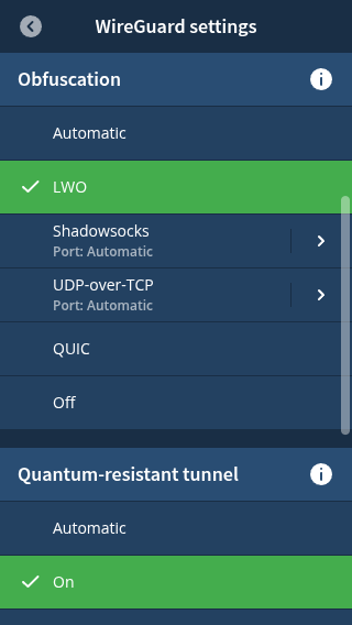 Mullvad VPN WireGuard settings: Obfuscation (Automatic, LWO selected, Shadowsocks, UDP-over-TCP, QUIC, Off) and Quantum-resistant tunnel (On selected).