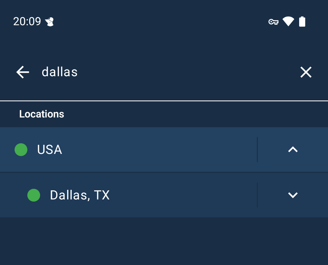 A search in the select location list. Dallas has been searched for and USA and Dallas, TX is showing.