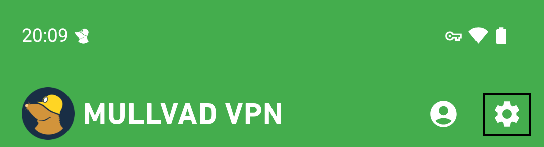 An image of the top bar of the app with the settings button hightlighed