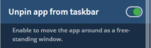 Unpin app from taskbar setting enabled.