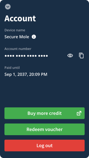 Account screen with information about device name, account number, time left, adding time, and logging out.