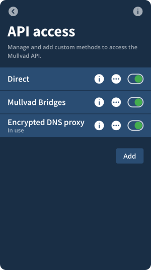 API access view listing three methods available and enabled, button to add a custom method, and an info icon., 