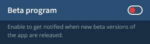 Beta program toggle in the App info view.