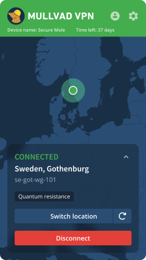 Connected to the VPN, connected to Sweden.