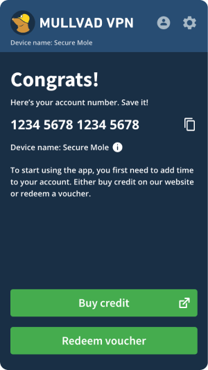 New Mullvad VPN account created, with new account number, device name, and options to add time to account.
