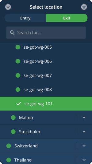 Select location view with multihop enabled, in the Exit server tab.