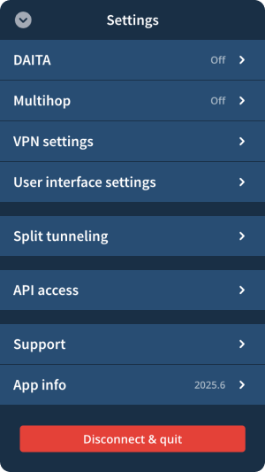 Settings screen, listing submenus, features, and quit button.
