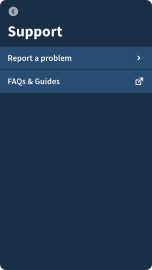 Support screen, listing the different options available for that view.