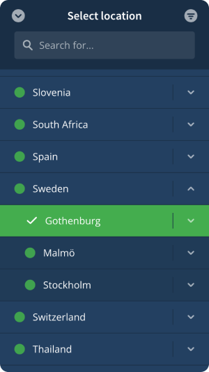 Select location view in app, showing a city as selected.