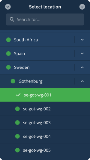 Select location view in app, showing a server as selected.