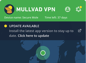 Mullvad VPN app highlighting the notification and settings icon for updating the app.