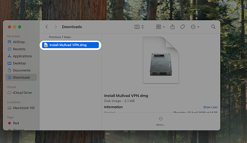 The Install Mullvad VPN dmg file highlighted in the Downloads folder.