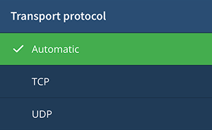 OpenVPN transport protocol setting, listing the different options.