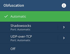 WireGuard obfuscation setting, listing the different options and menus.